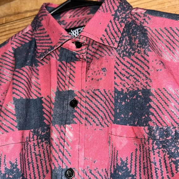 One 24 Red Black Plaid button down shirt with cheetah design/raw hem - Picture 2 of 12